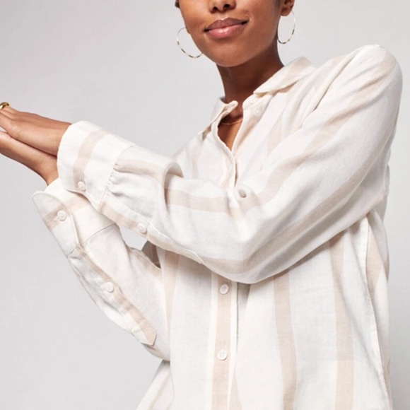 Faherty Malibu Valletta Stripe Long Sleeved Linen Button Down Top Size Medium - Picture 1 of 14